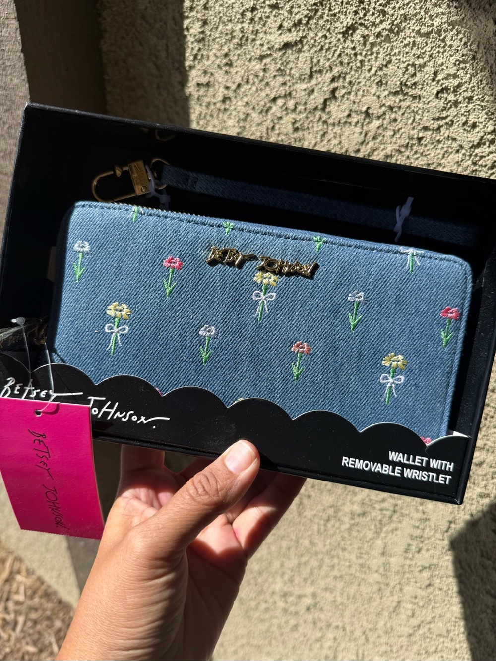 Betsey Johnson Denim Blue Embroidered Floral Wristlet Wallet
